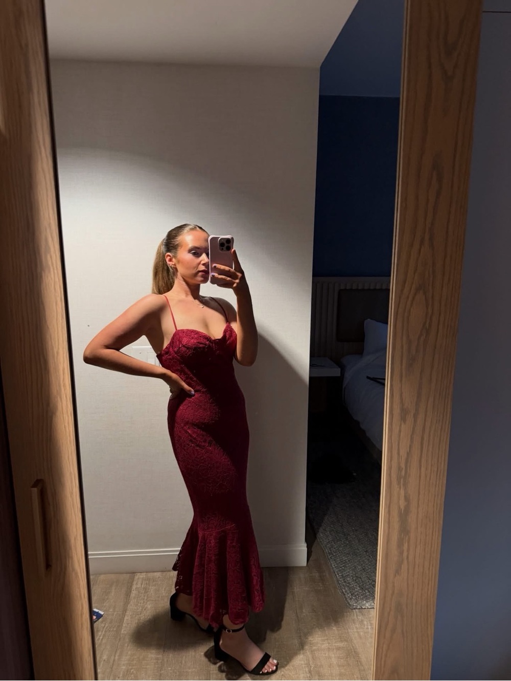 Lulu's Burgundy Lace Mermaid Gown with Spaghetti Straps